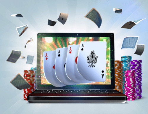 Online Video Poker Games Illustration of Laptop with Cards & Chips